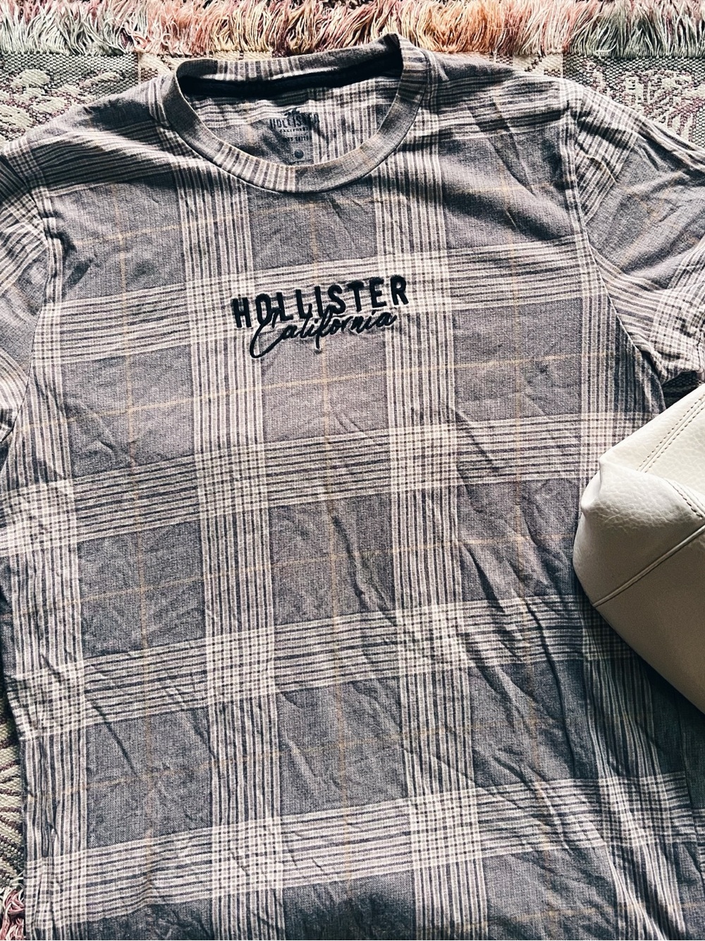 Hollister Gray Plaid Crewneck Tee with Script Logo